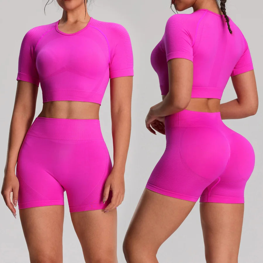 Yoga Sports T-shirts Shorts Set Sportswear Woman Gym High Waist Seamless Workout Shorts Leggings Activewear Women's Tracksuit