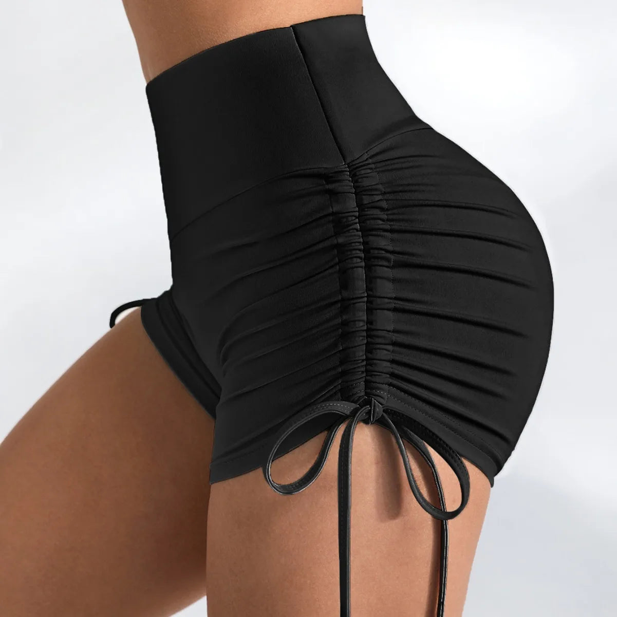 Women's High-Waisted Ruching Yoga Shorts Tight Workout Running Gym Shorts with Tie Detail Summer Fitness Stretch Activewear
