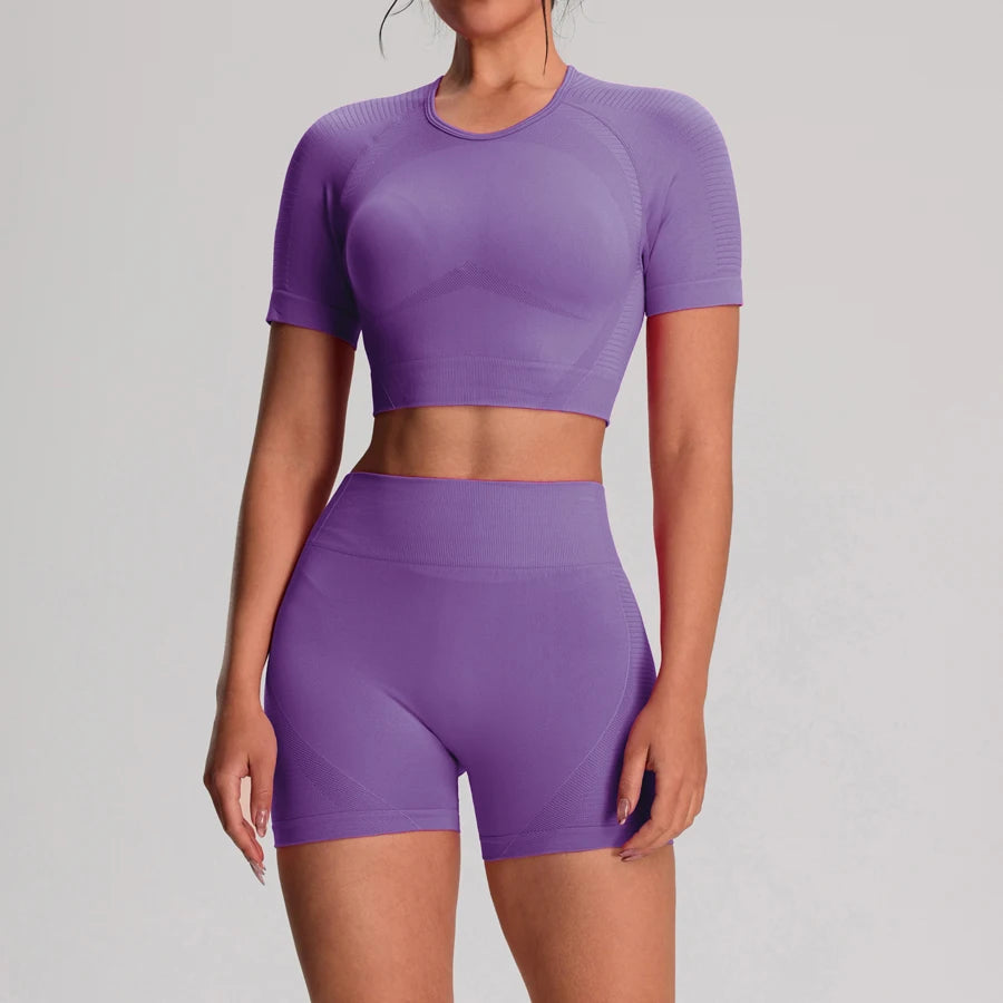 Yoga Sports T-shirts Shorts Set Sportswear Woman Gym High Waist Seamless Workout Shorts Leggings Activewear Women's Tracksuit