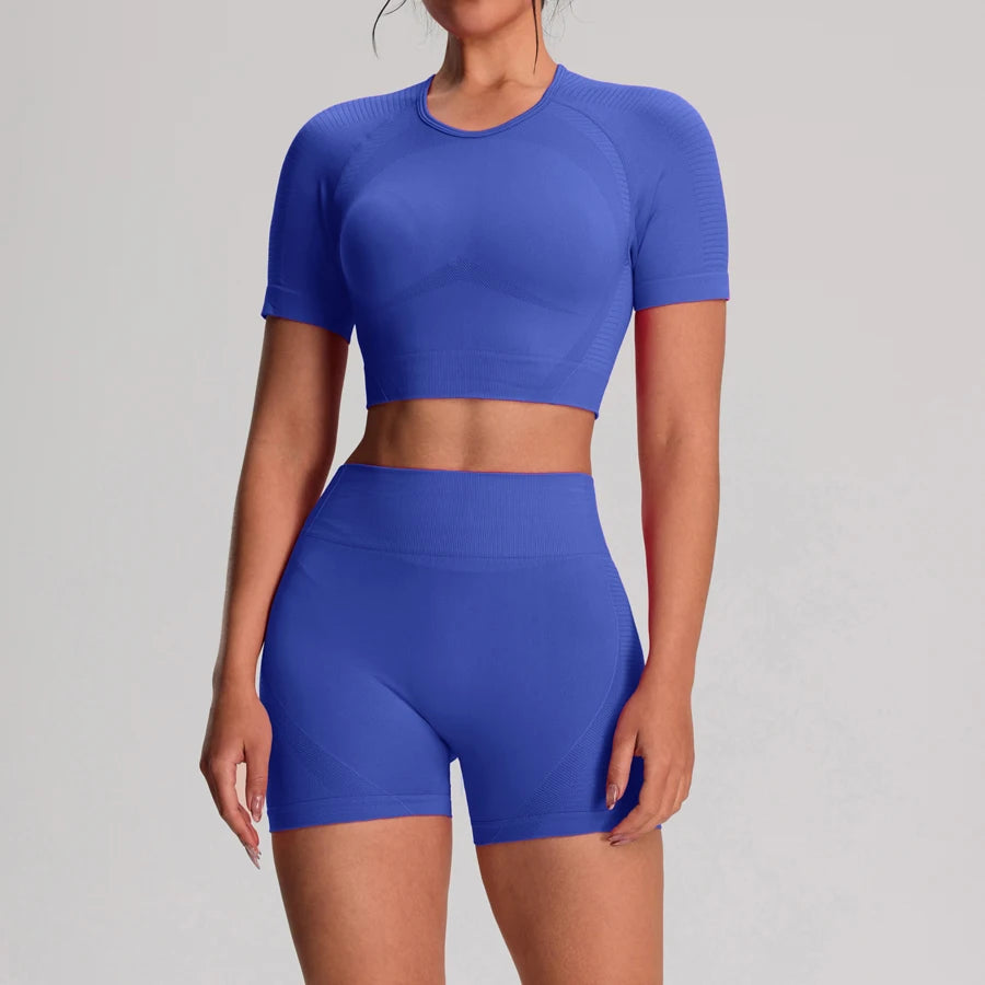 Yoga Sports T-shirts Shorts Set Sportswear Woman Gym High Waist Seamless Workout Shorts Leggings Activewear Women's Tracksuit