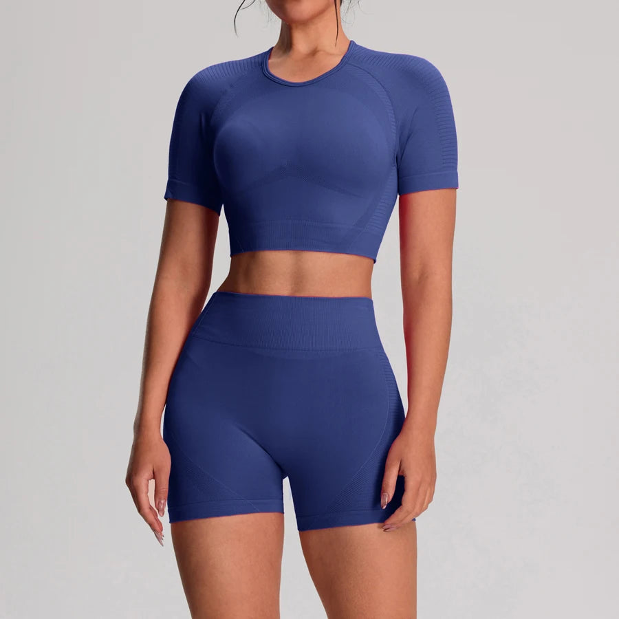 Yoga Sports T-shirts Shorts Set Sportswear Woman Gym High Waist Seamless Workout Shorts Leggings Activewear Women's Tracksuit