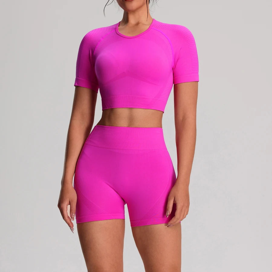 Yoga Sports T-shirts Shorts Set Sportswear Woman Gym High Waist Seamless Workout Shorts Leggings Activewear Women's Tracksuit