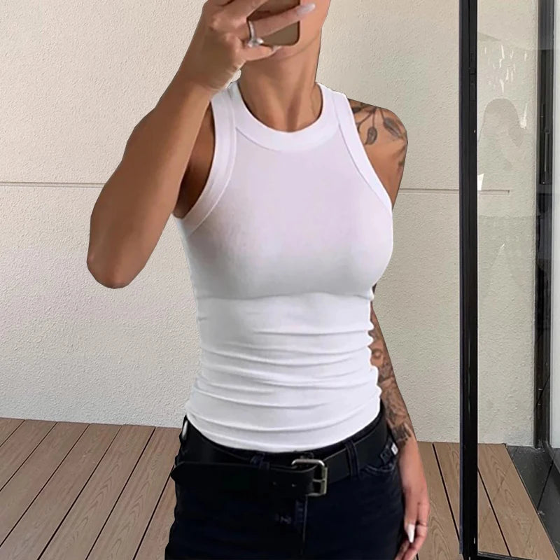 Solid Basic Tank Soft Top For Women Summer Outfits Tight Sexy Round Neck Tank Top Knitted Bottom Shirt Sleeveless Top Outerwear