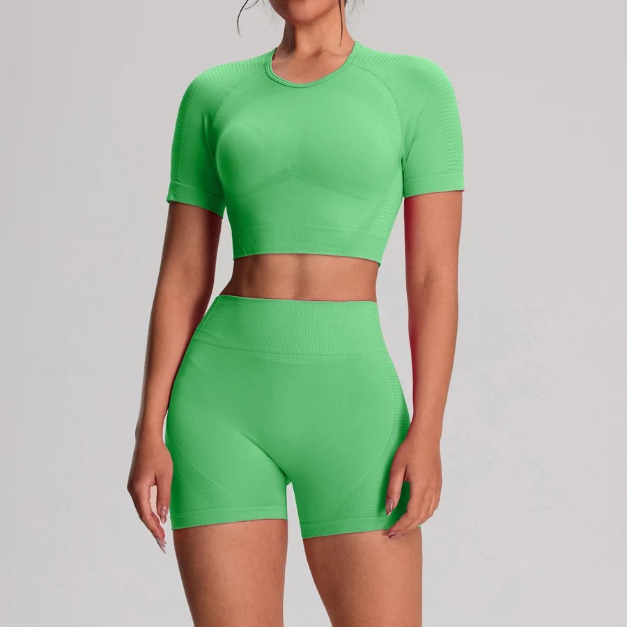 Yoga Sports T-shirts Shorts Set Sportswear Woman Gym High Waist Seamless Workout Shorts Leggings Activewear Women's Tracksuit