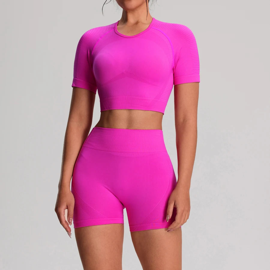 Yoga Sports T-shirts Shorts Set Sportswear Woman Gym High Waist Seamless Workout Shorts Leggings Activewear Women's Tracksuit