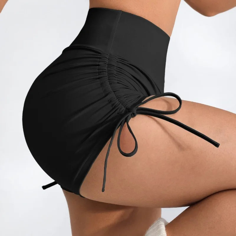 Women's High-Waisted Ruching Yoga Shorts Tight Workout Running Gym Shorts with Tie Detail Summer Fitness Stretch Activewear