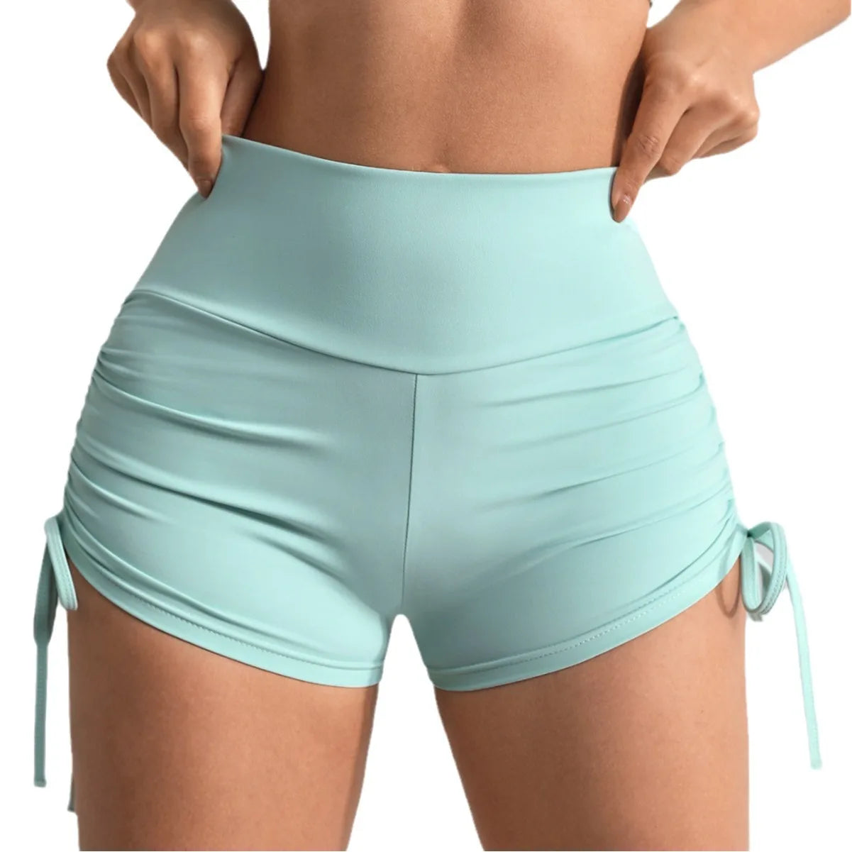 Women's High-Waisted Ruching Yoga Shorts Tight Workout Running Gym Shorts with Tie Detail Summer Fitness Stretch Activewear