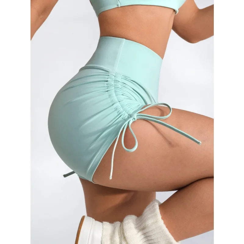 Women's High-Waisted Ruching Yoga Shorts Tight Workout Running Gym Shorts with Tie Detail Summer Fitness Stretch Activewear