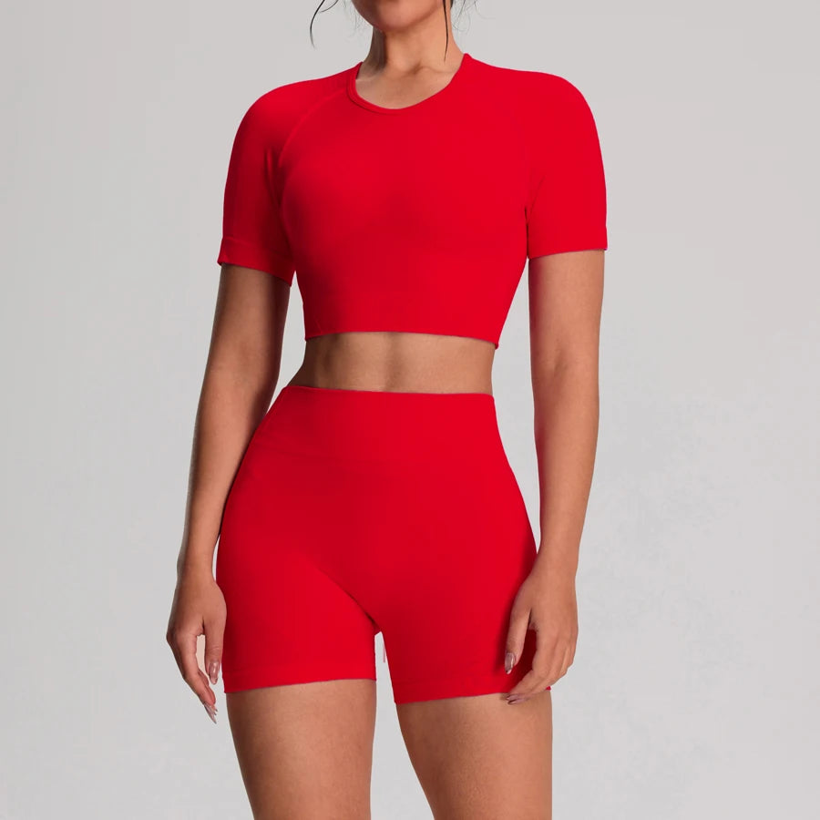 Yoga Sports T-shirts Shorts Set Sportswear Woman Gym High Waist Seamless Workout Shorts Leggings Activewear Women's Tracksuit