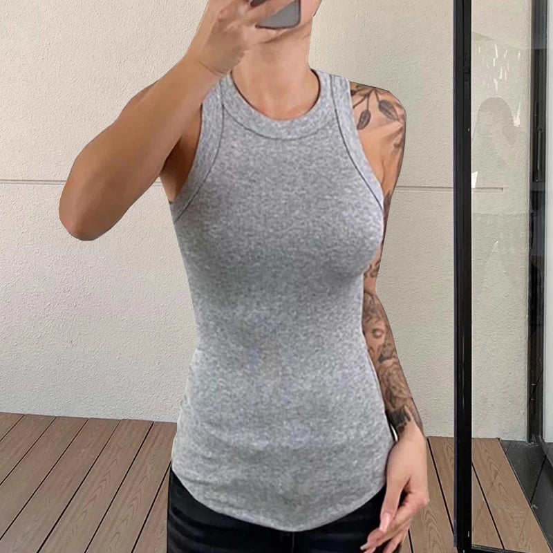 Solid Basic Tank Soft Top For Women Summer Outfits Tight Sexy Round Neck Tank Top Knitted Bottom Shirt Sleeveless Top Outerwear