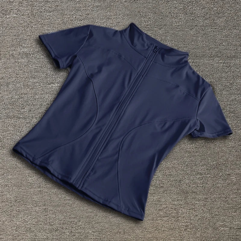Casual Slim Sports Coat For Women Short Sleeve Solid Zipper Tops Female Cycling Running Yoga Outfit Clothes Summer Sport Jacket