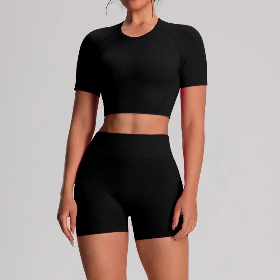 Yoga Sports T-shirts Shorts Set Sportswear Woman Gym High Waist Seamless Workout Shorts Leggings Activewear Women's Tracksuit