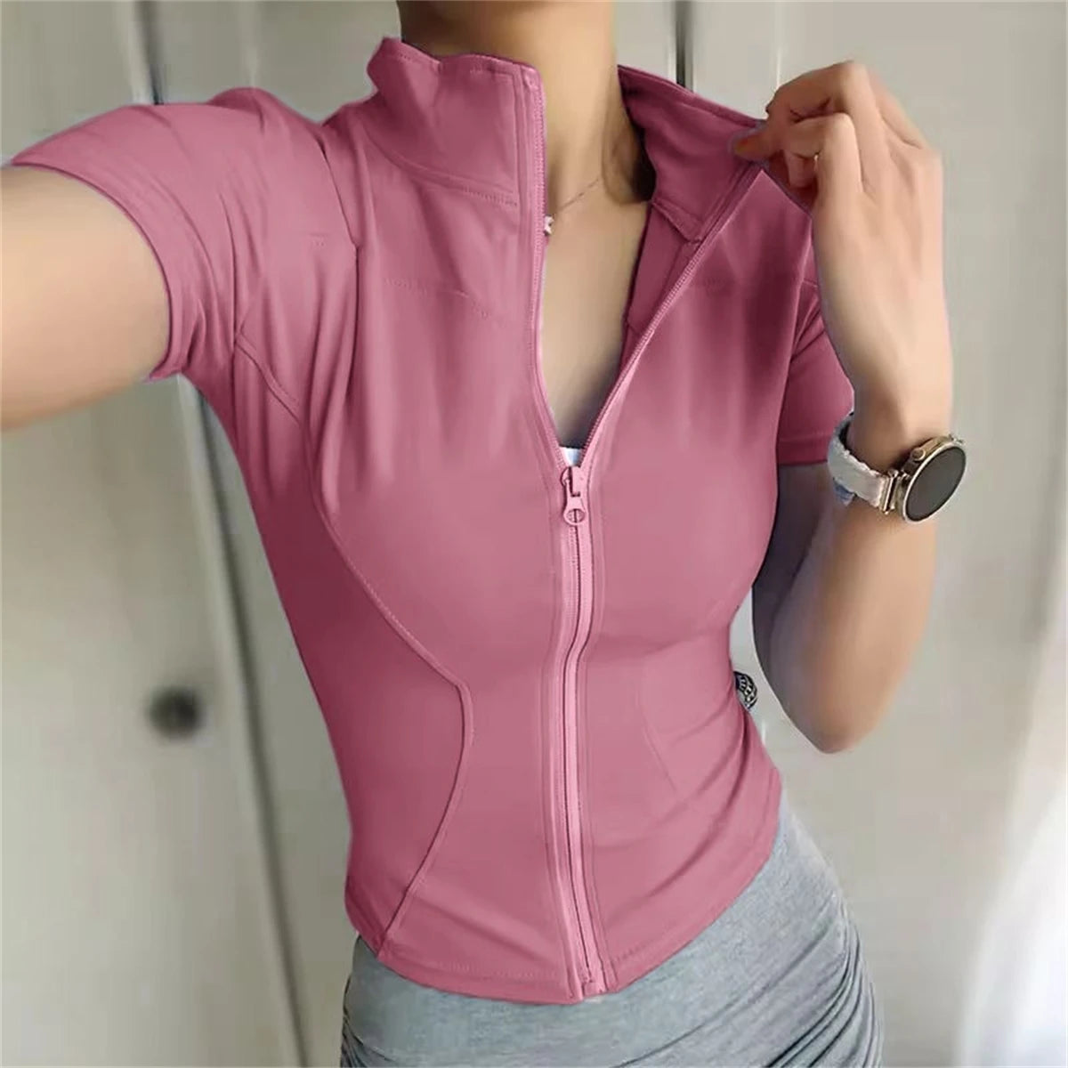 Women Summer Slim Yoga Tops Stand Collar Full Zipper Short Sleeves Shirts Solid Workout Clothes Gym Running Coats Lady Casual
