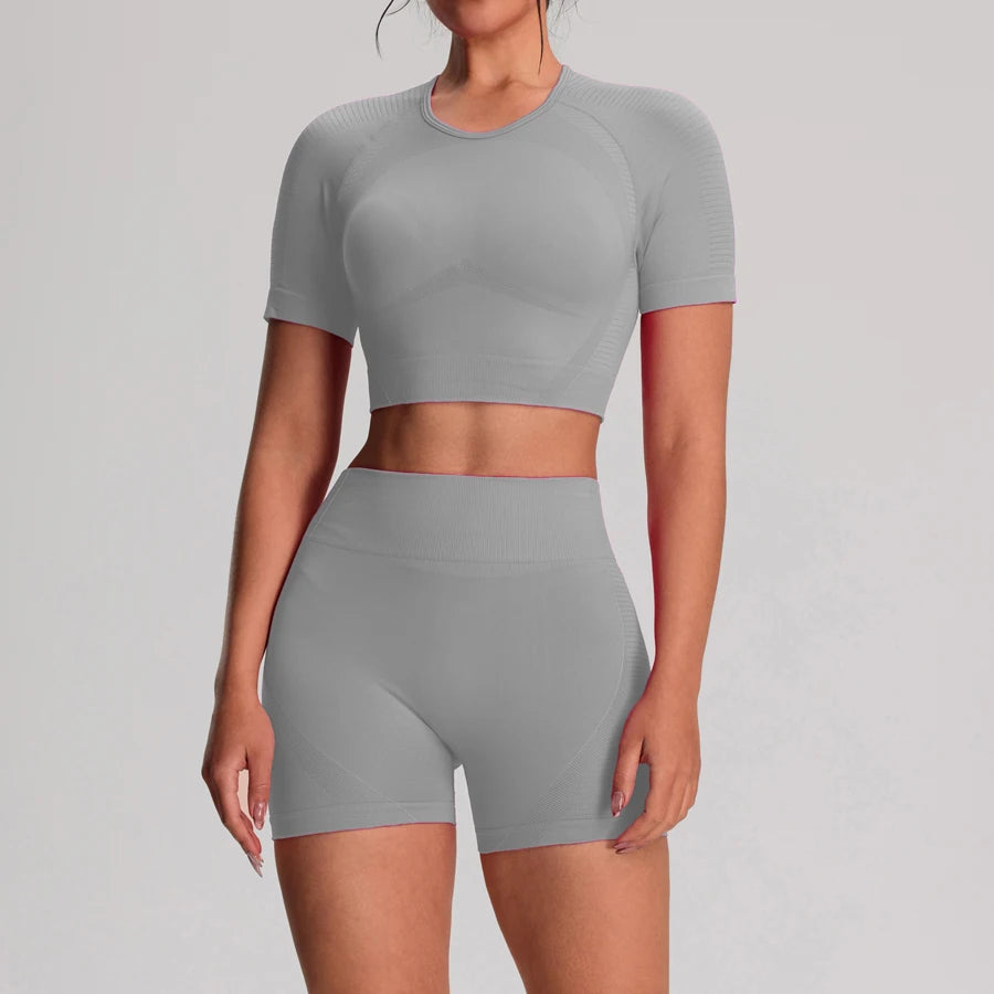 Yoga Sports T-shirts Shorts Set Sportswear Woman Gym High Waist Seamless Workout Shorts Leggings Activewear Women's Tracksuit